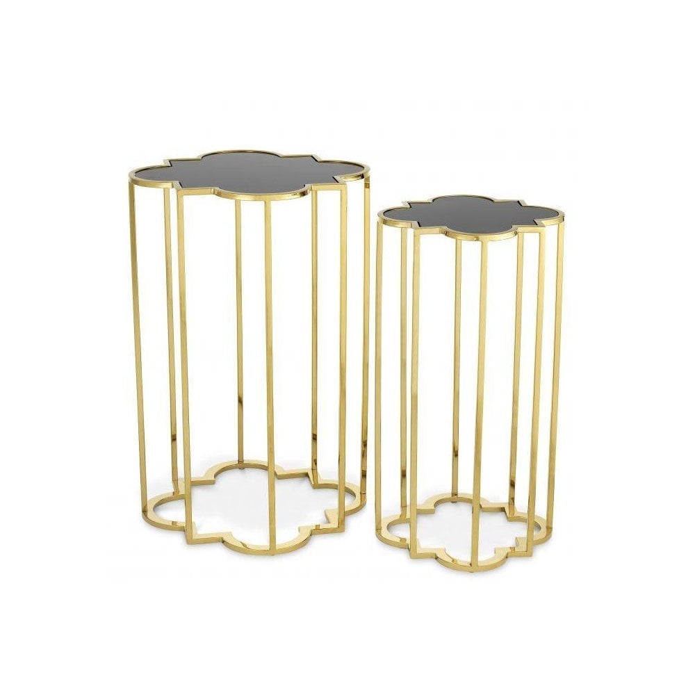 Side Table Concentric set of 2, Gold Finish, Black Glass