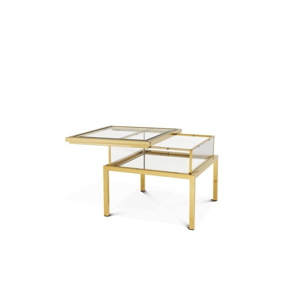 Side Table Harvey, Gold Finish, Clear Glass, Mirror Glass