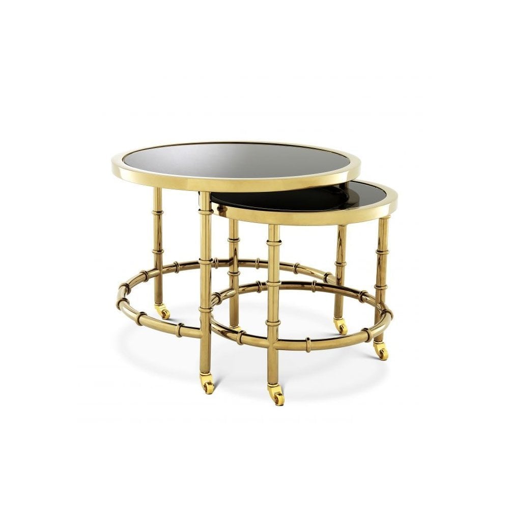 Side Table Nestor set of 2, Gold Finish, Black Glass