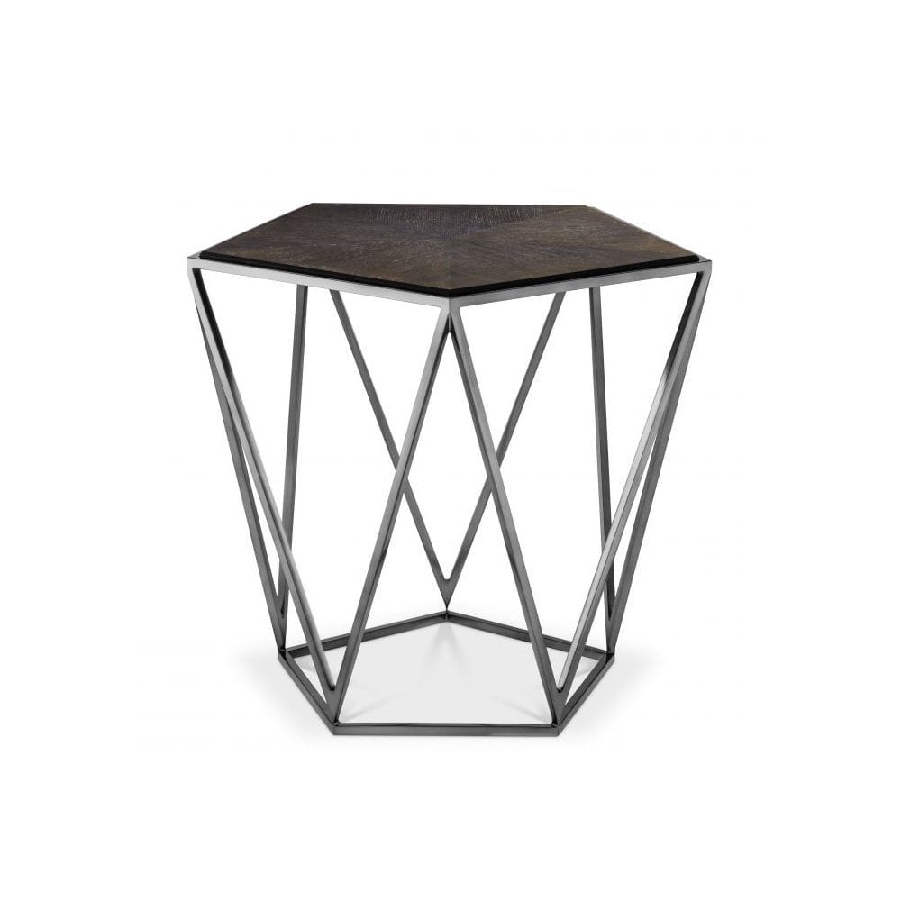 Side Table Pentagon, Black Nickel Finish, Charcoal Oak Veneer