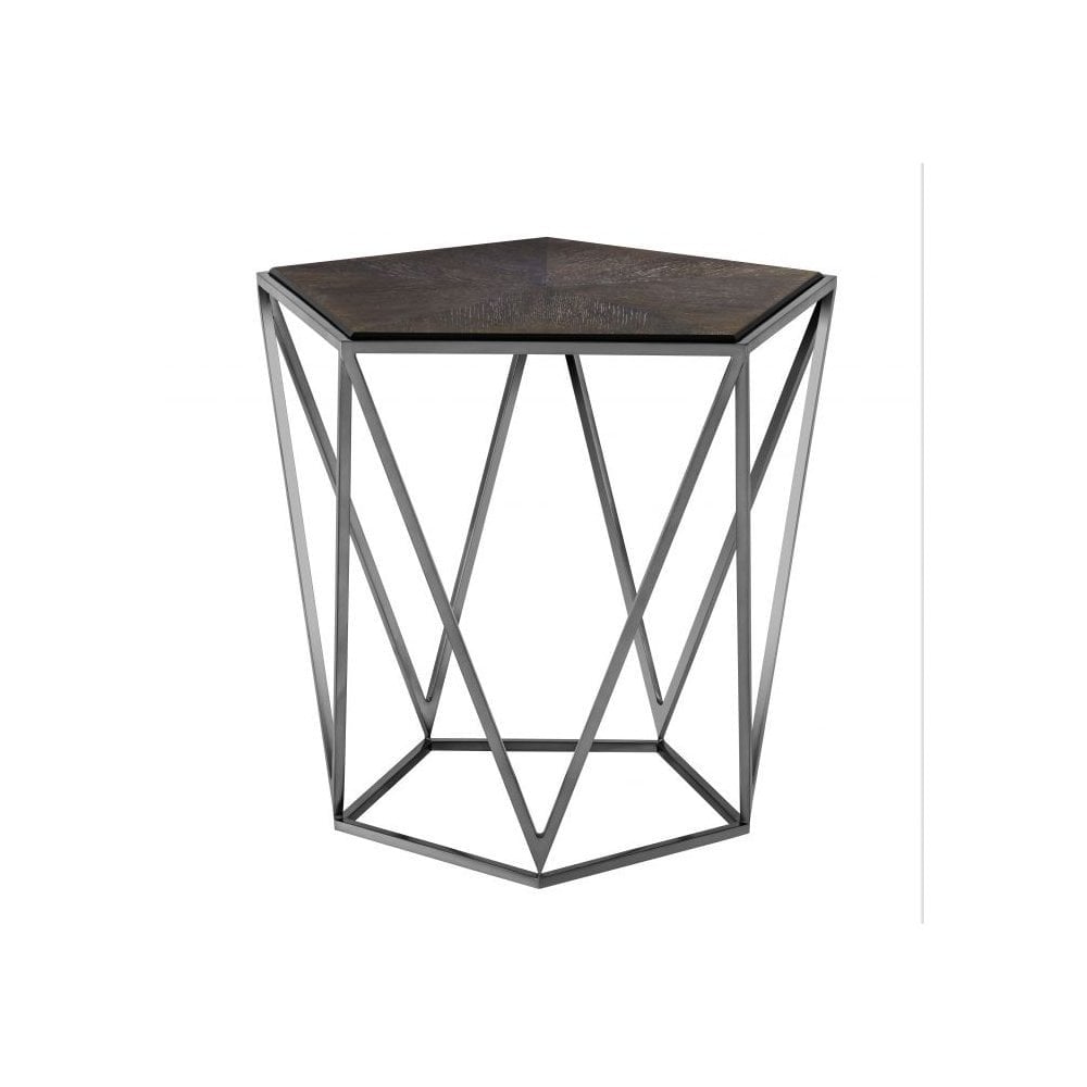 Side Table Pentagon, Black Nickel Finish, Charcoal Oak Veneer