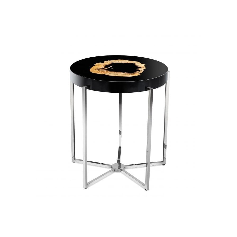 Side Table Pompidou, Nickel Finish, Petrified Wood, High Gloss Black