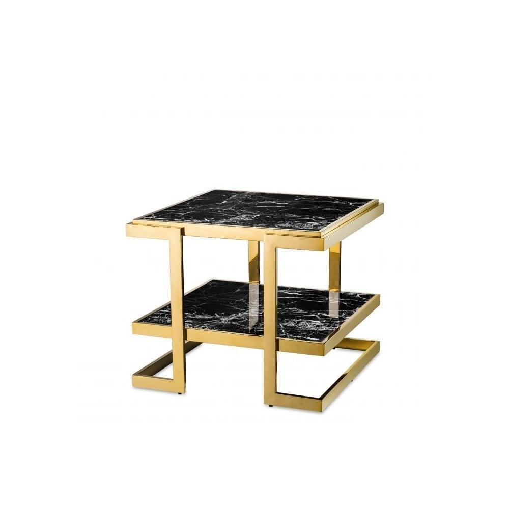 Side Table Senato, Gold Finish, Black Faux Marble