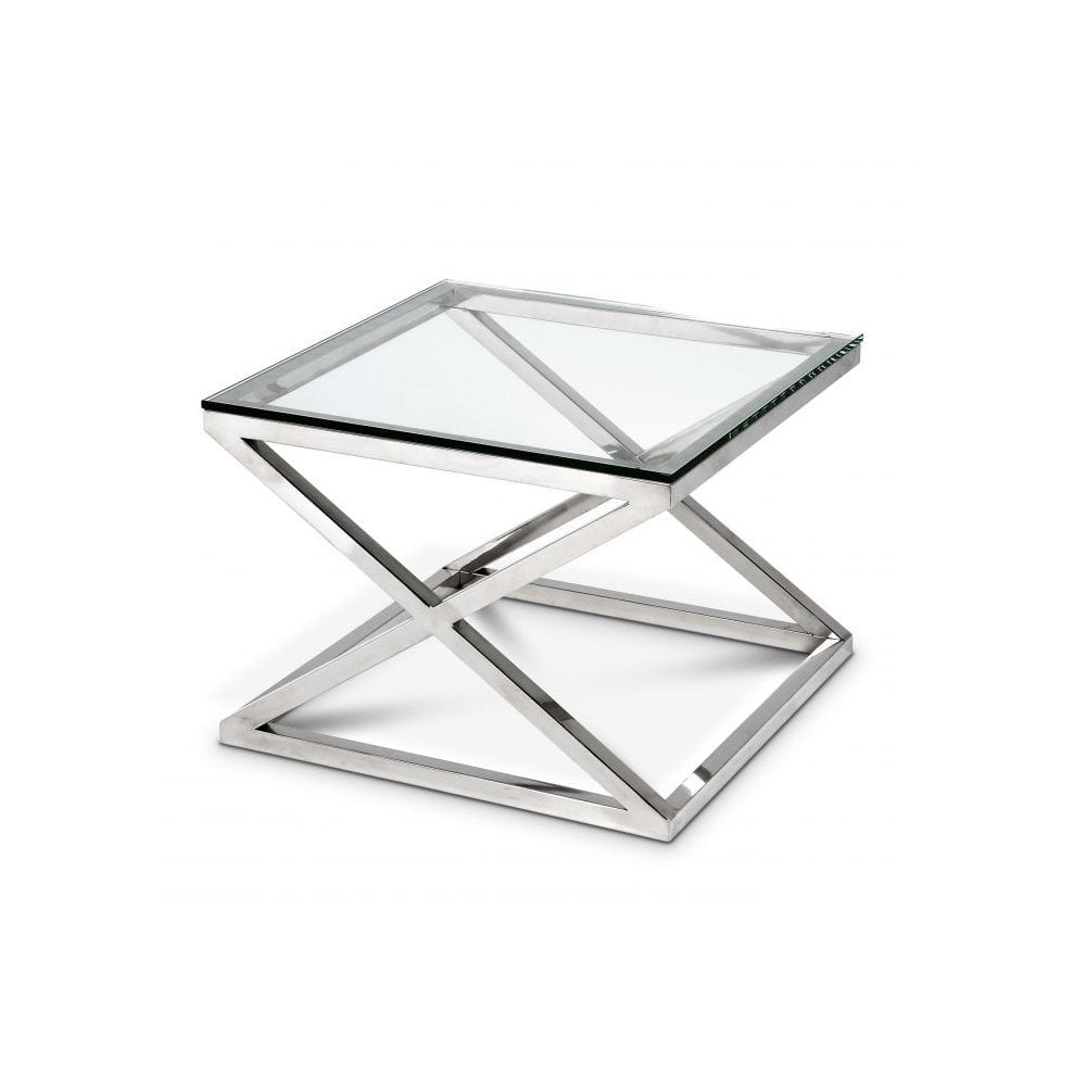 Side Table Criss Cross, Polished Stainless Steel, Clear Glass