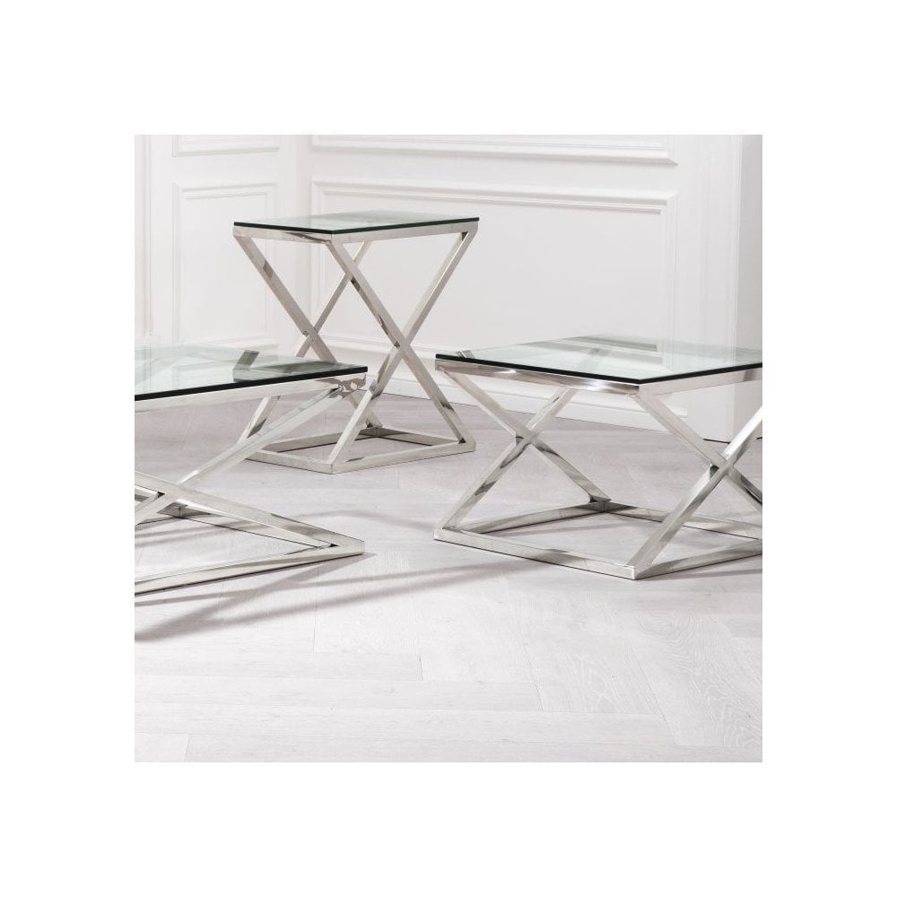 Side Table Criss Cross, Polished Stainless Steel, Clear Glass