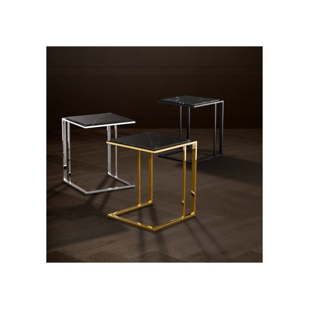 Side Table Cocktail, Polished Stainless Steel, Black Marble