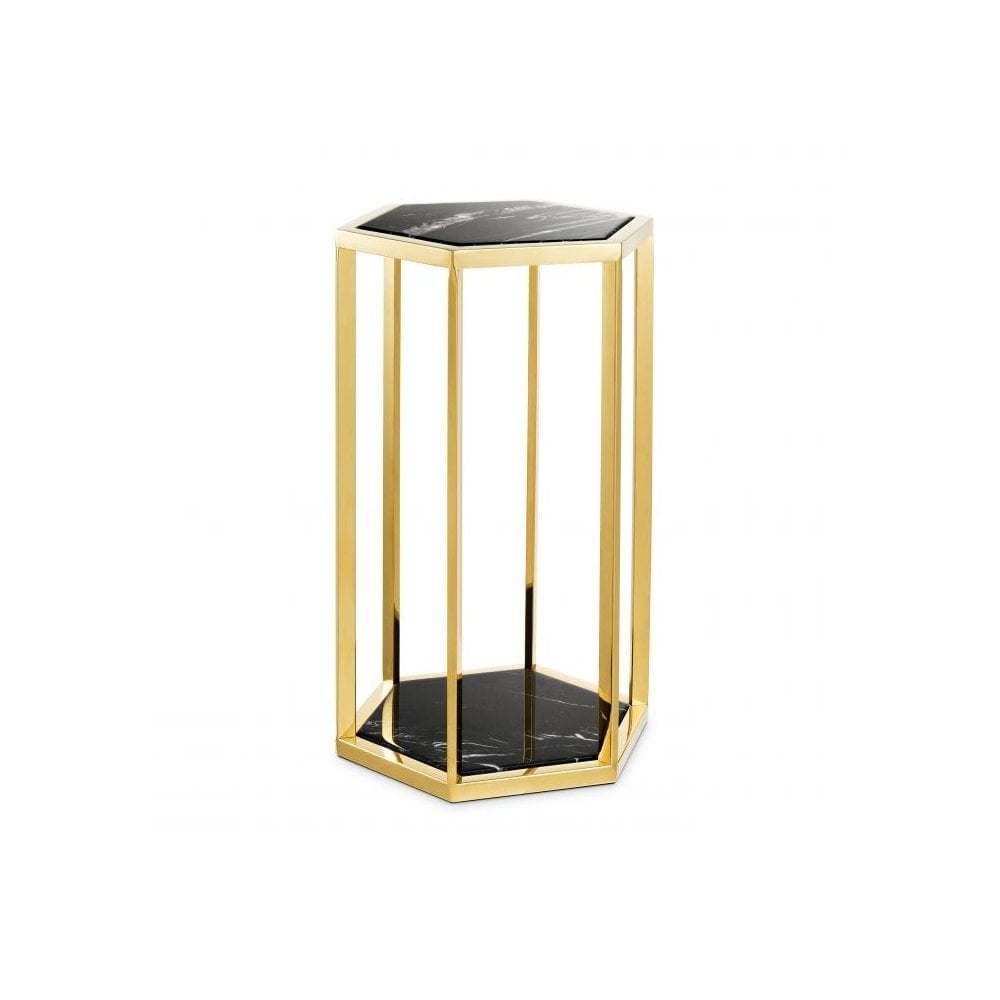 Side Table Taro set of 2, Gold Finish, Black Marble