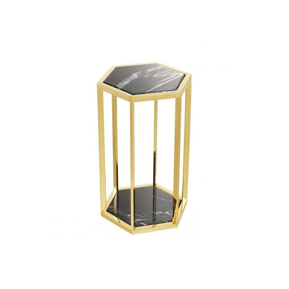 Side Table Taro set of 2, Gold Finish, Black Marble