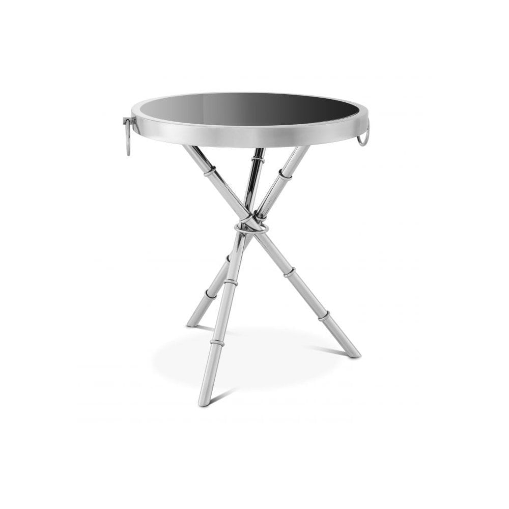 Side Table Omni, Polished Stainless Steel, Black Glass