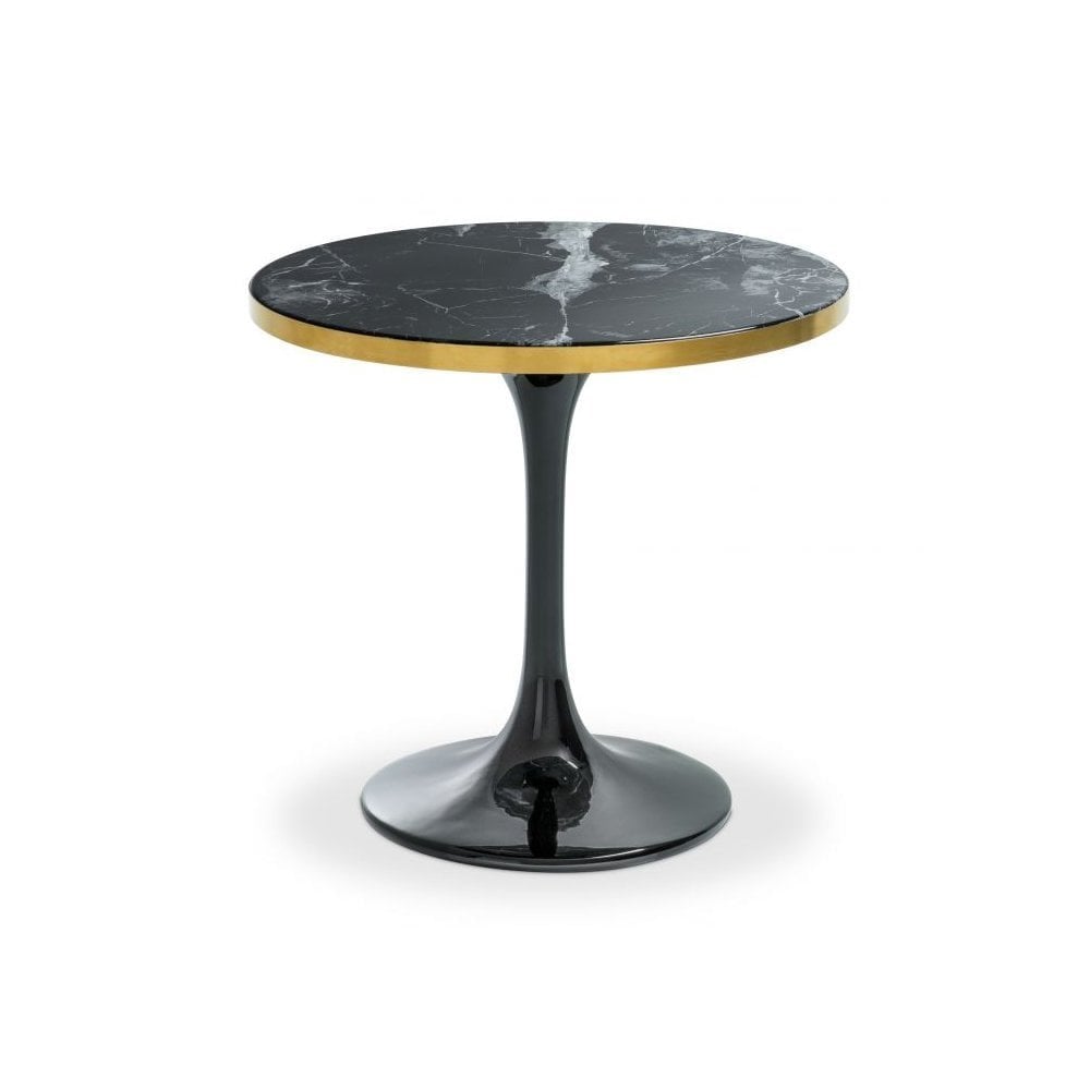 Side Table Parme, Black Faux Marble, Brushed Brass Rim, Black Base