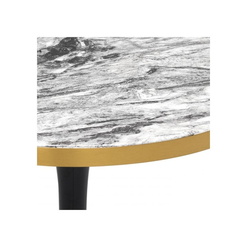 Side Table Parme, Grey Faux Marble, Brushed Brass Rim, Black Base