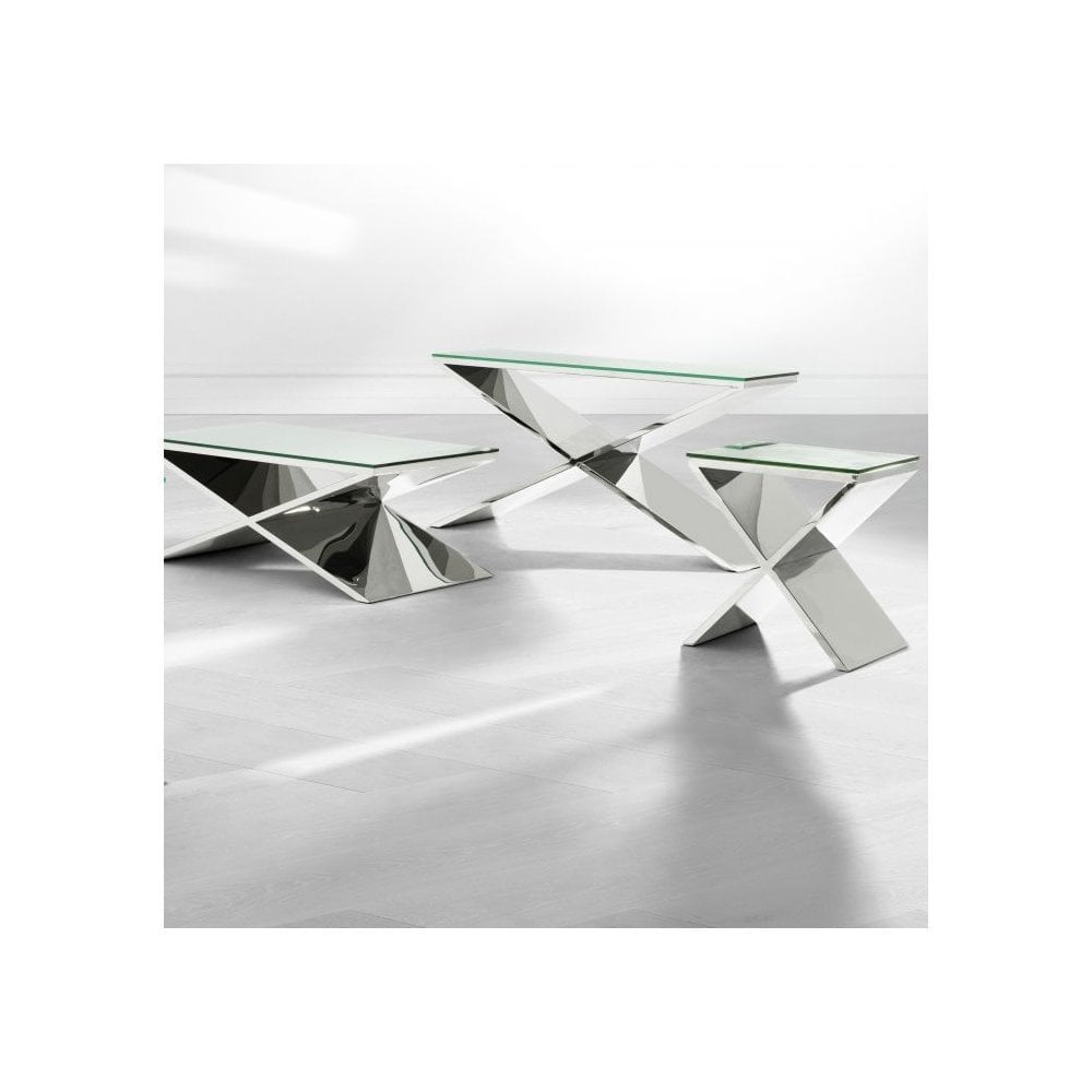 Side Table Metropole, Polished Stainless Steel, Clear Glass