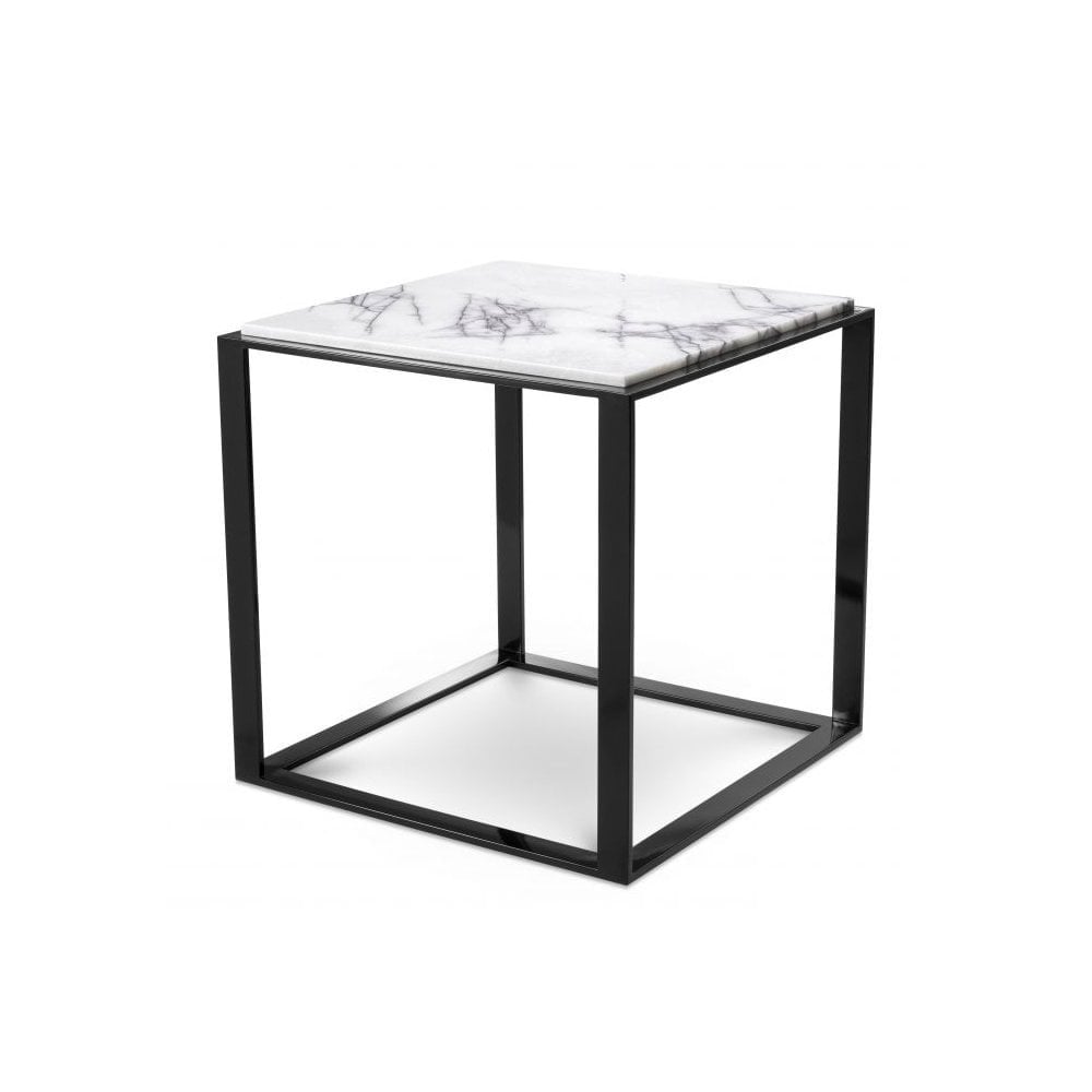 Side Table San Ramon, High Gloss Black Finish, Bianco Lilac Marble