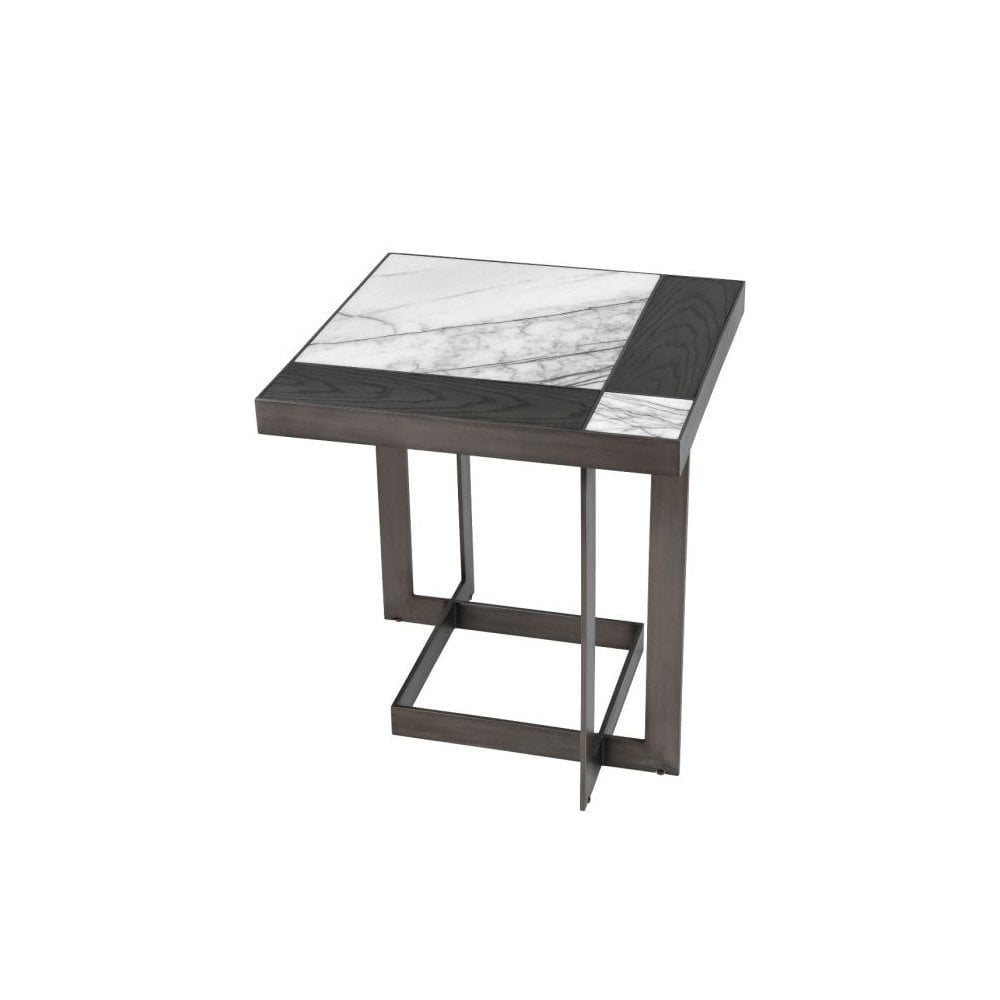 Side Table Hermoza, Bianco Lilac Marble, Mocha Oak Veneer, Medium Bronze Finish