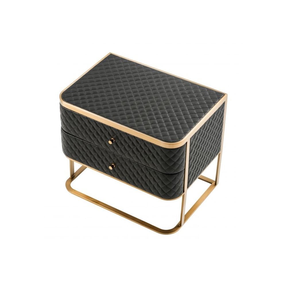 Side Table Monfort, Black Faux Leather, Brushed Brass Finish