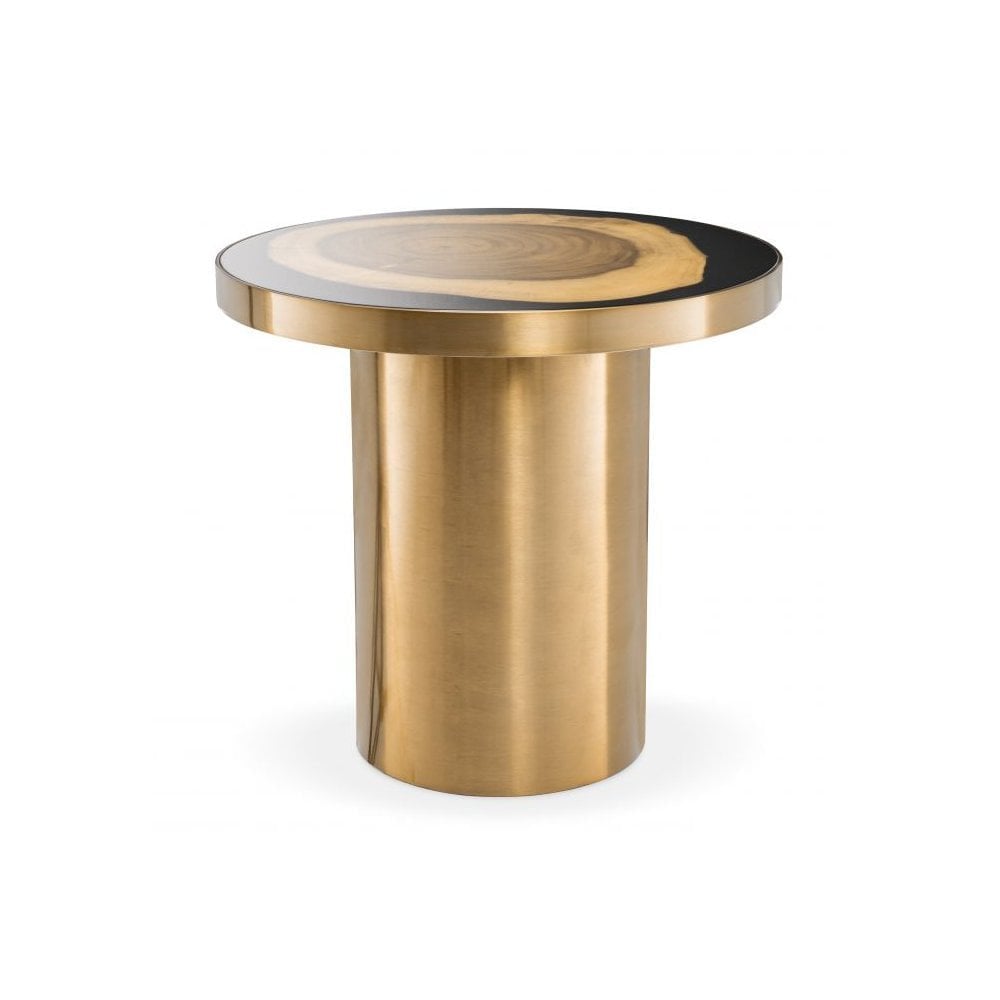 Side Table Concord, Brushed Brass Finish, Wooden Inlay