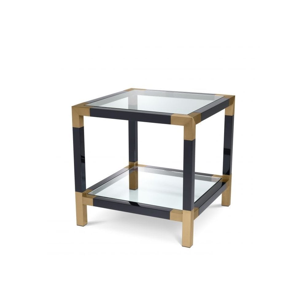 Side Table Royalton, Piano Black Finish, Brushed Brass Finish, Clear Glass