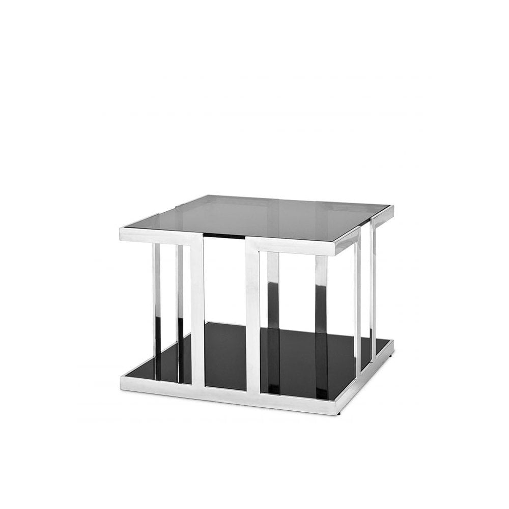 Side Table Treasure, Polished Stainless Steel, Smoke Glass Top