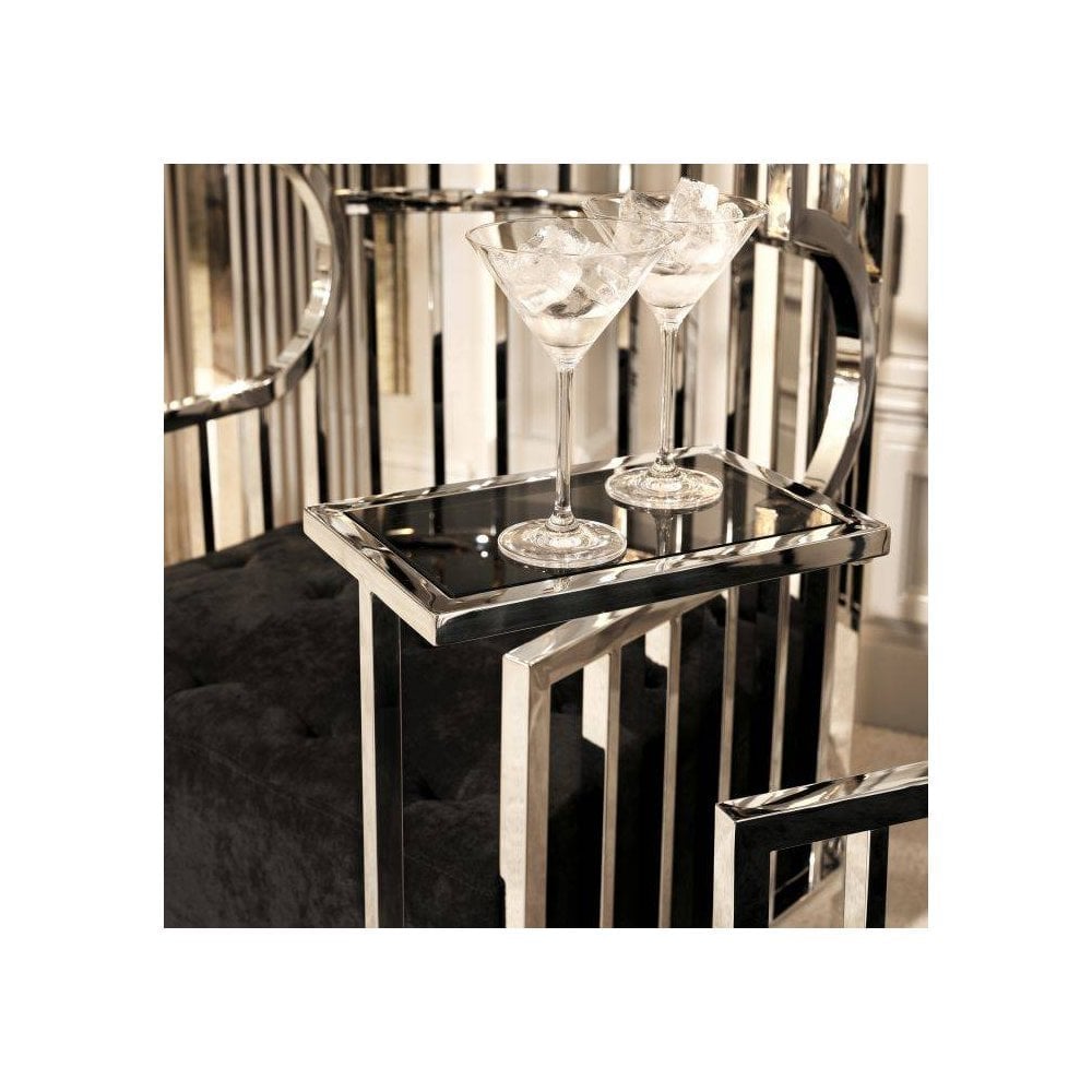 Side Table Paladin, Polished Stainless Steel, Smoke Glass Top