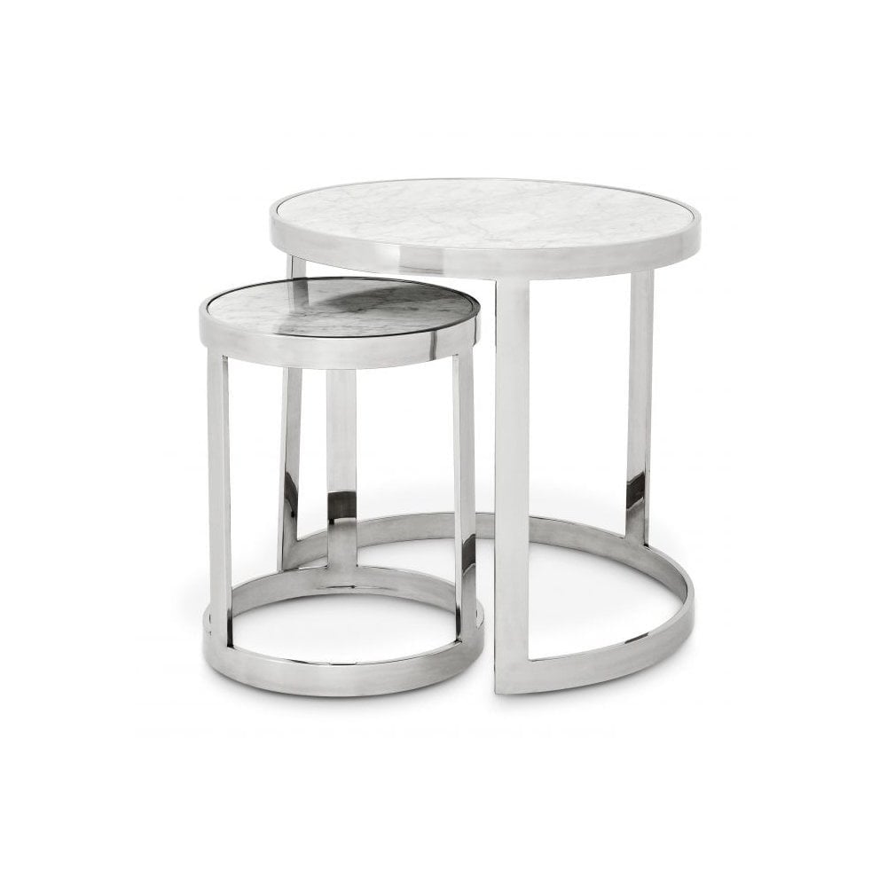 Side Table Fletcher set of 2, Polished Stainless Steel, White Marble Top