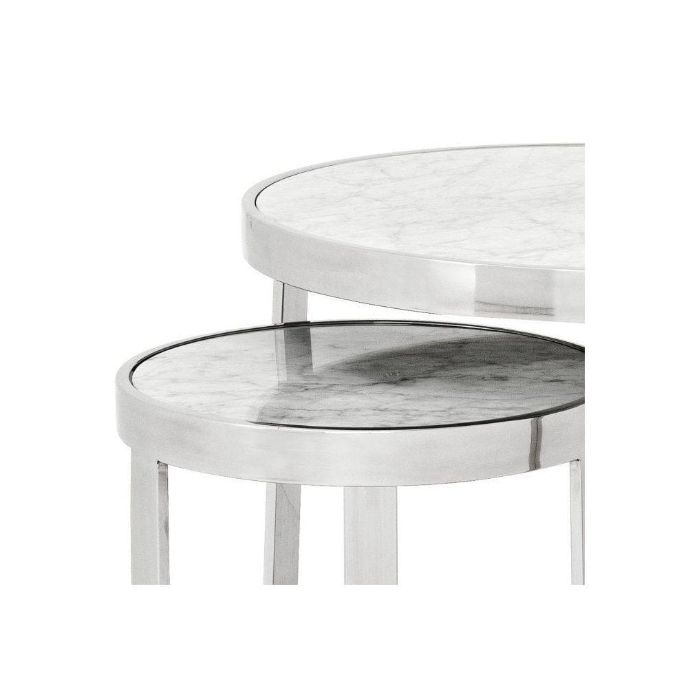 Side Table Fletcher set of 2, Polished Stainless Steel, White Marble Top