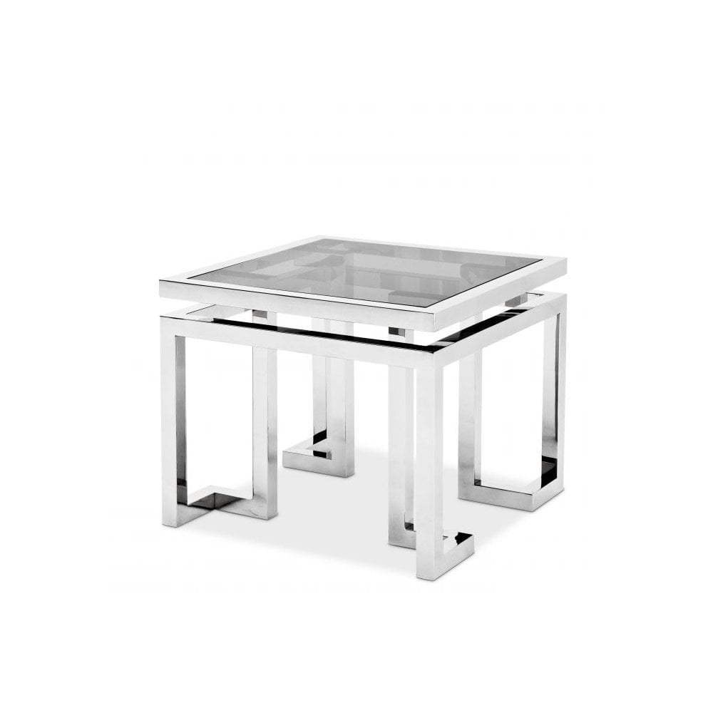 Side Table Palmer, Polished Stainless Steel, Smoke Glass