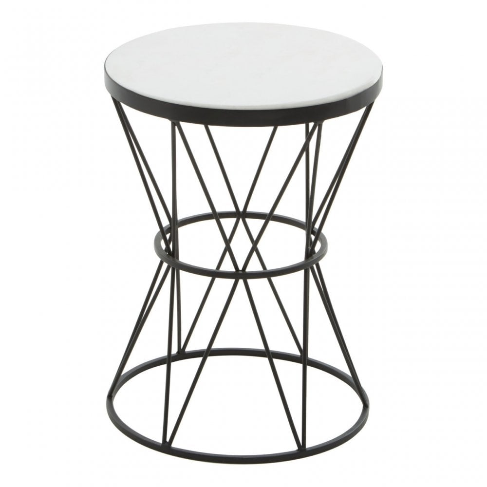 Shalimar Round White Marble Top Side Table, Black