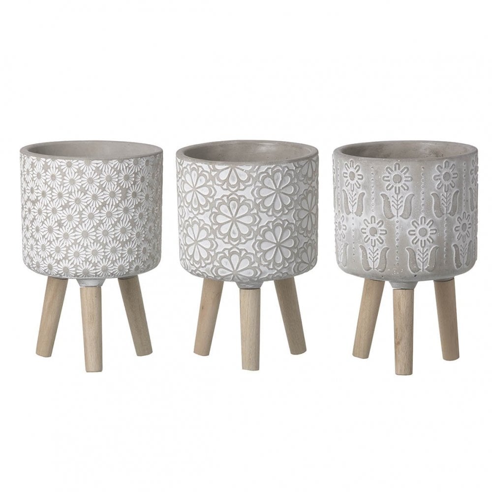 3 Assorted Floral Planter On Legs Grey H135x135mm