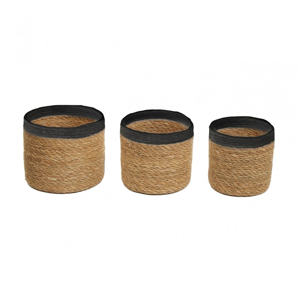 Set Of Three Natural And Black Baskets