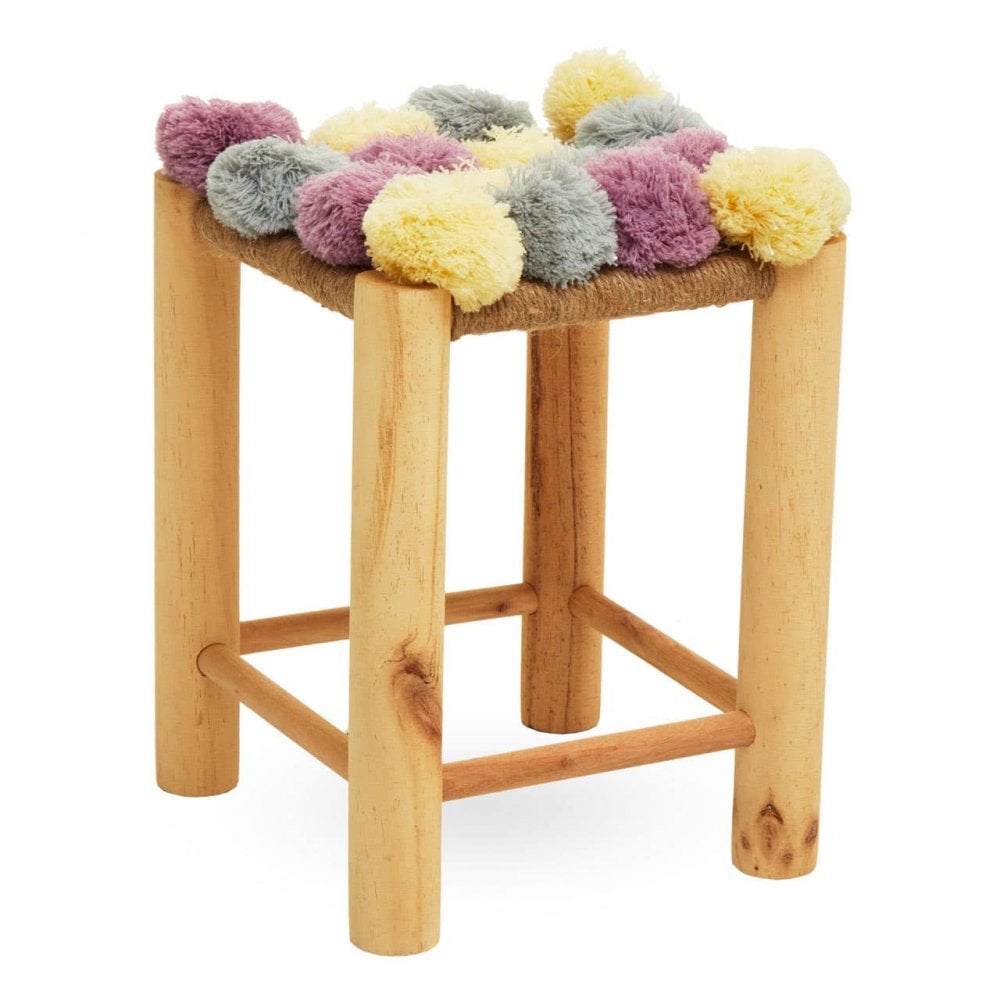 West Village Grey Beige And Pink Pom Pom Stool