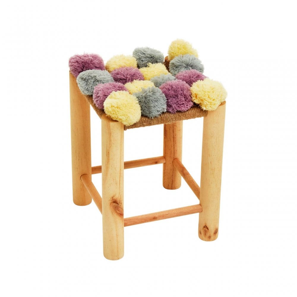 West Village Grey Beige And Pink Pom Pom Stool