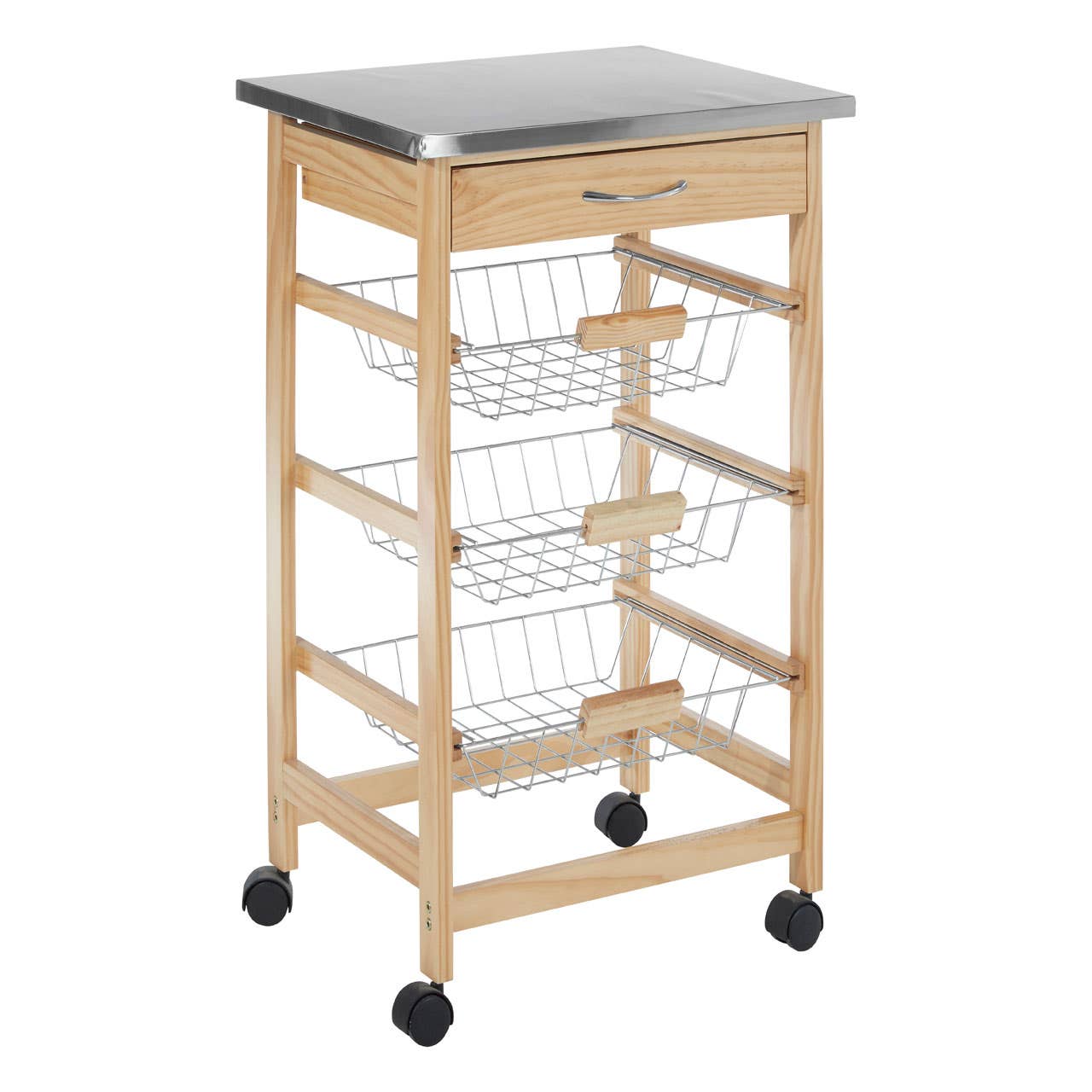 3 Wire Baskets Pinewood Kitchen Trolley