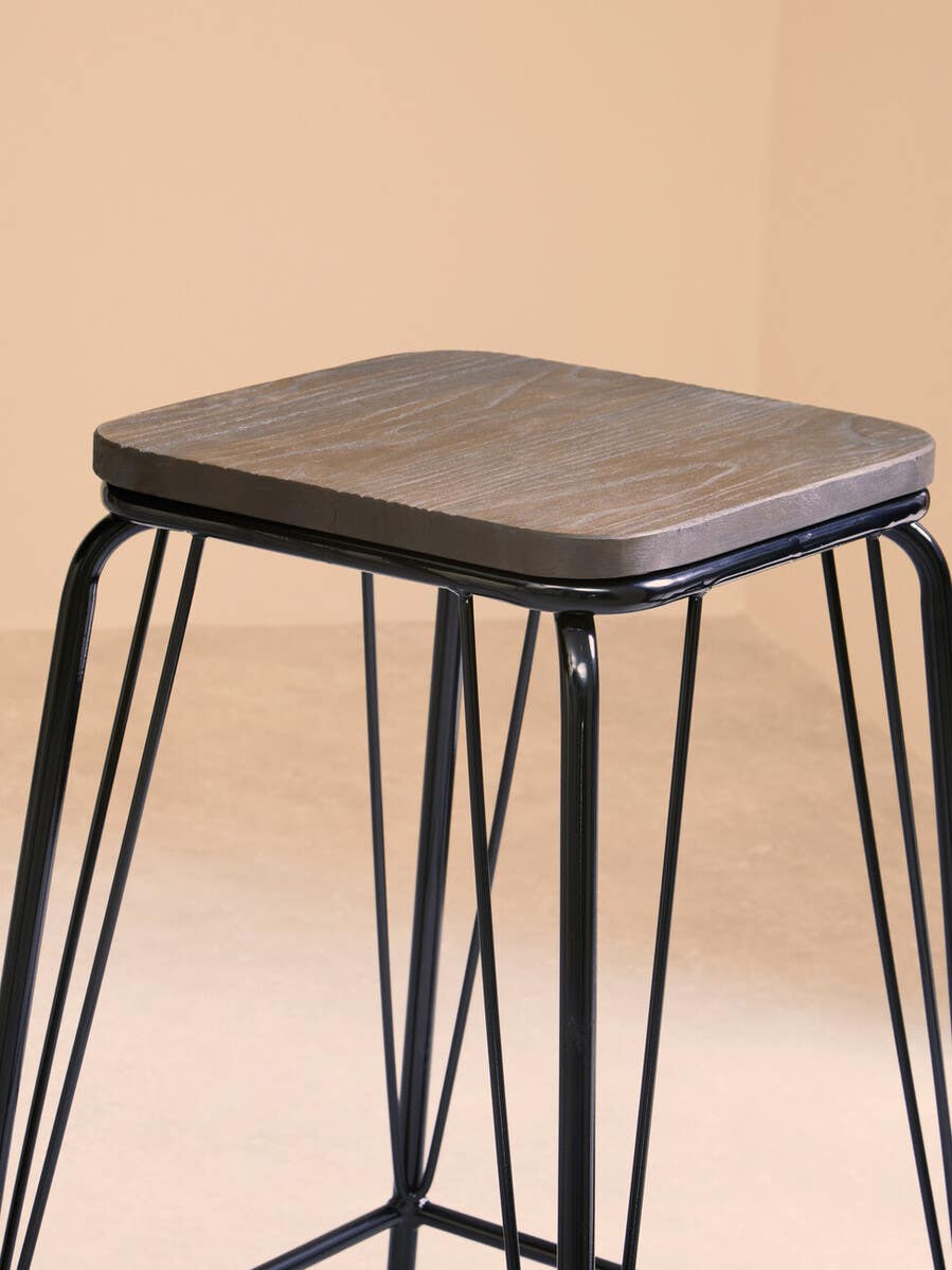 District Black Metal And Elm Wood Stool