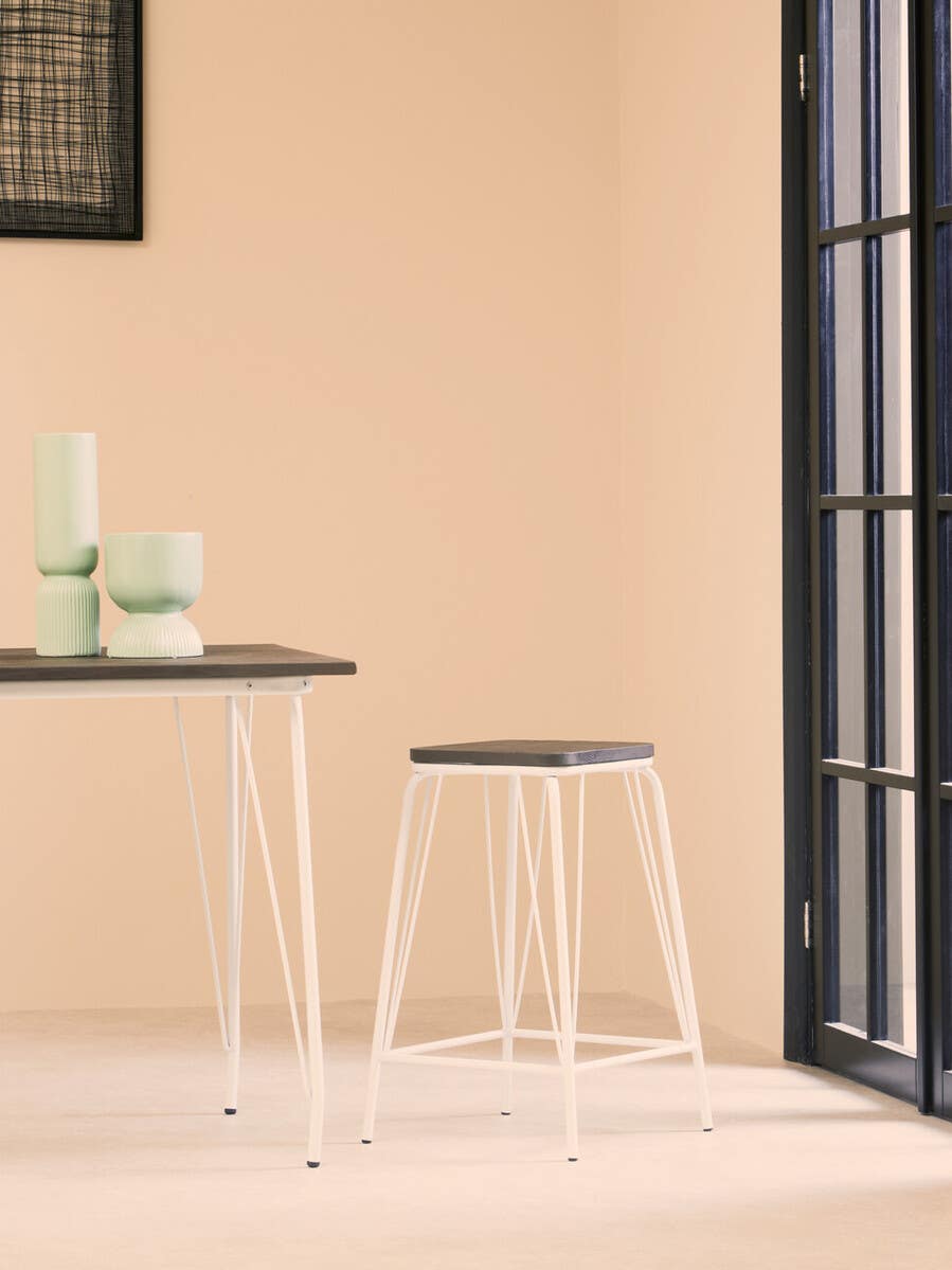 District White Metal And Elm Wood Stool