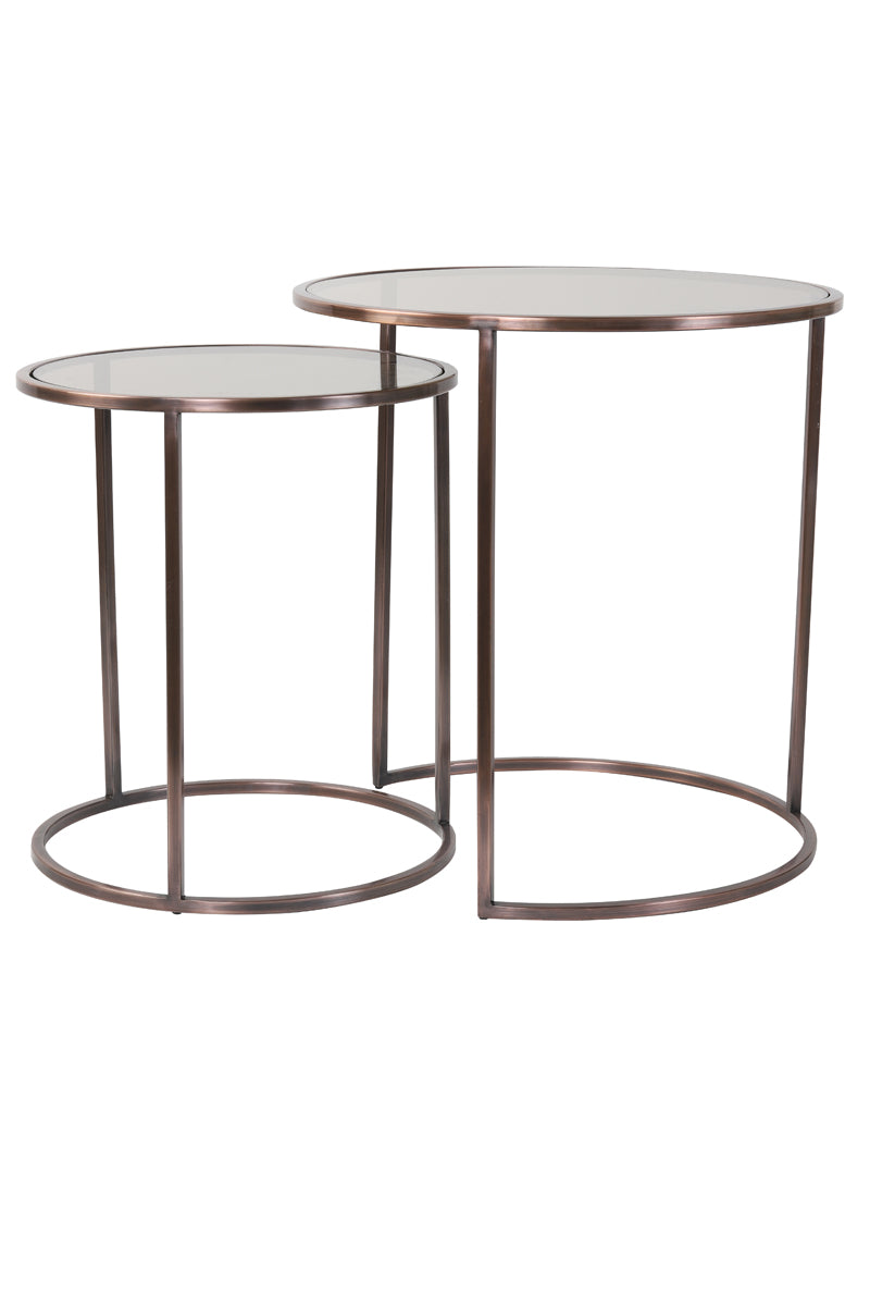 Side Table S/2 Ø40x45+Ø50x52 cm Duarte Glas Brown+Ant Copper