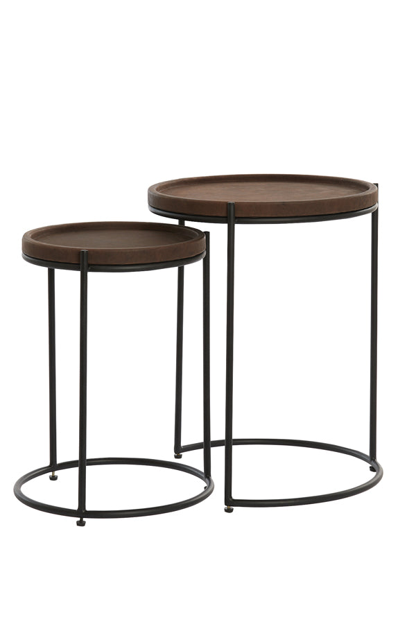 Side Table S/2 Ø45.5x35.5+Ø53x45.5 cm Jairo Lthr D.Brwn+Blck