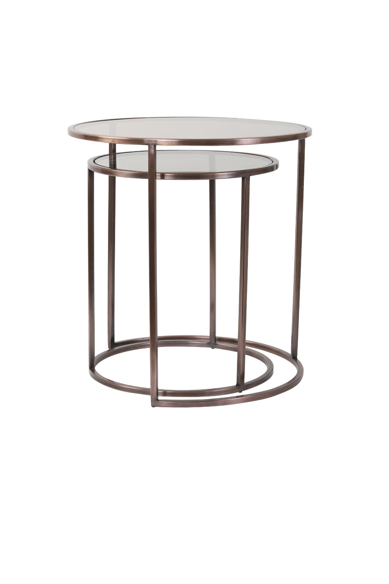 Side Table S/2 Ø40x45+Ø50x52 cm Duarte Glas Brown+Ant Copper