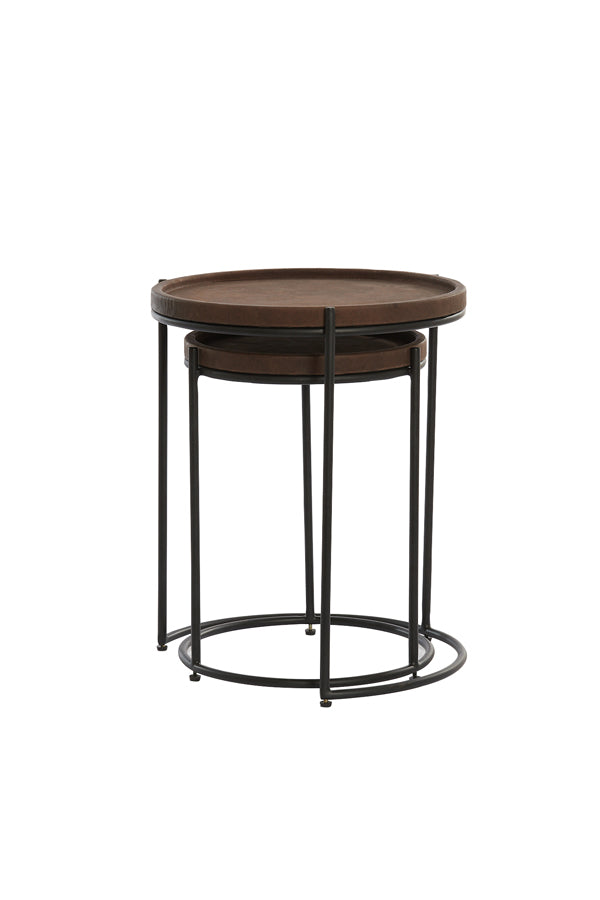 Side Table S/2 Ø45.5x35.5+Ø53x45.5 cm Jairo Lthr D.Brwn+Blck